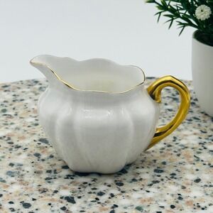 Shelley England Fine Bone China Creamer White Scalloped Gold Gilt Handle